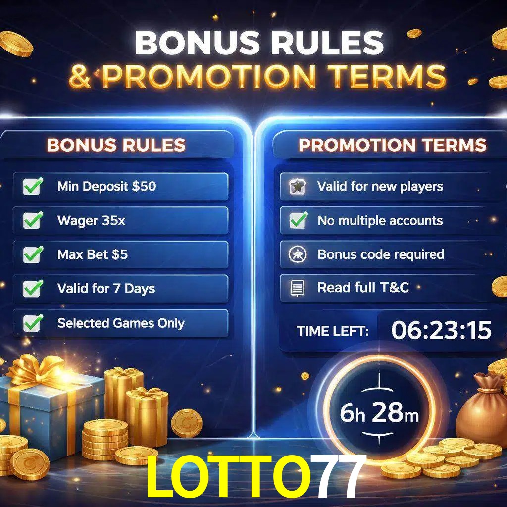 Reglas de promoción LOTTO77 y condiciones de bonos explicadas visualmente