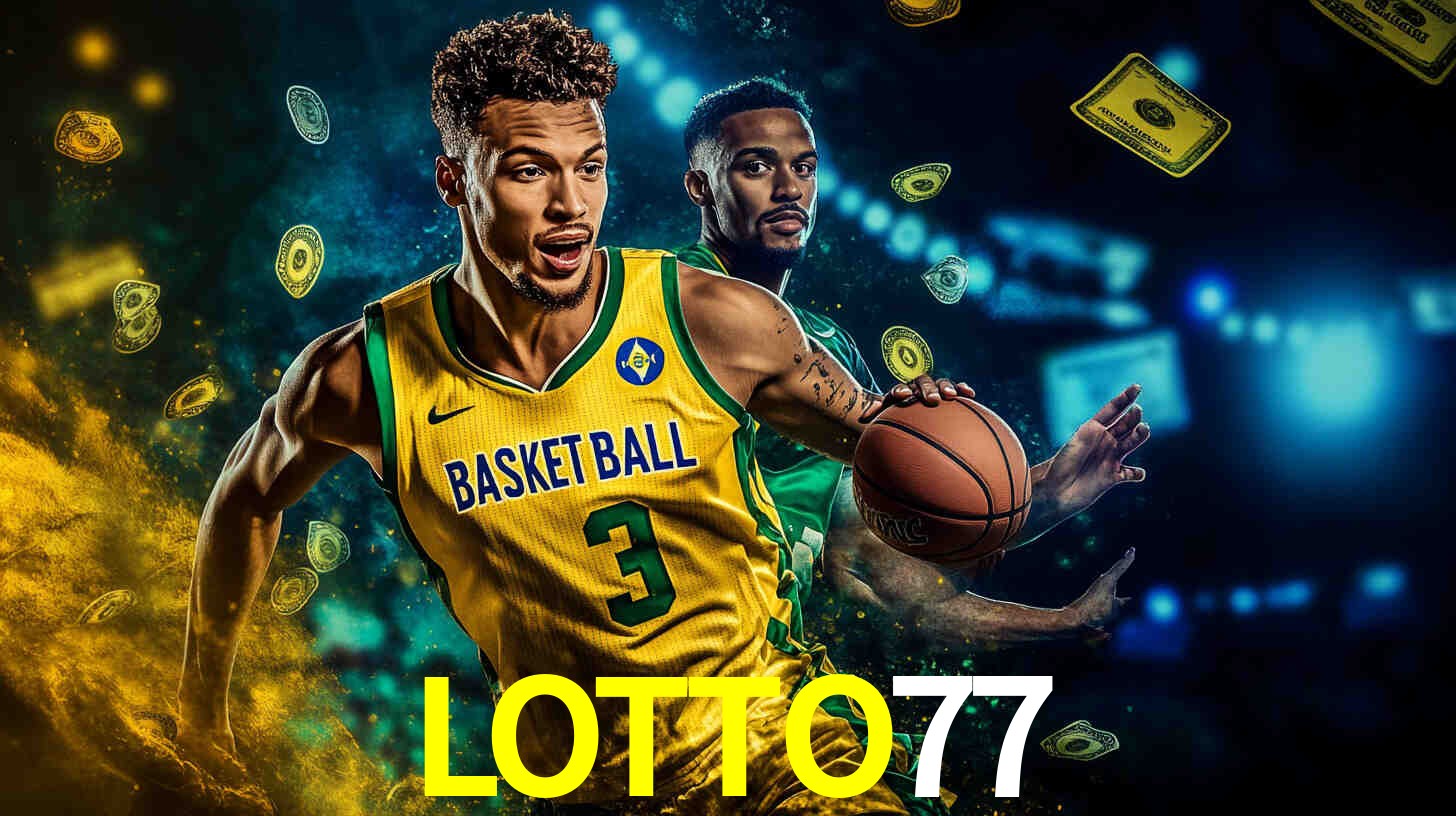 Escena dinámica inspirada en casino con iluminación LOTTO77, cartas, fichas e íconos de juegos digitales en un espacio moderno de juegos.