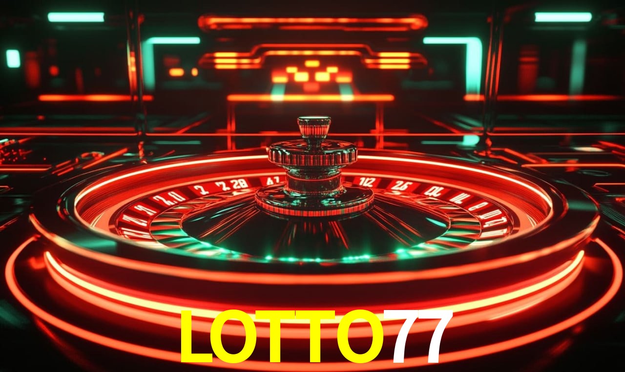 Una escena digital vívida inspirada en casino con LOTTO77 mostrado prominentemente, luces brillantes, fichas, cartas y acentos dorados.