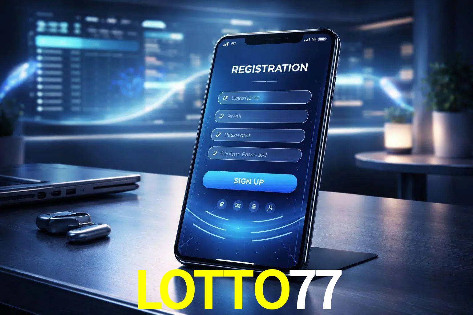 Una interfaz moderna de registro móvil para LOTTO77 mostrada en un smartphone con un panel de apuestas elegante.